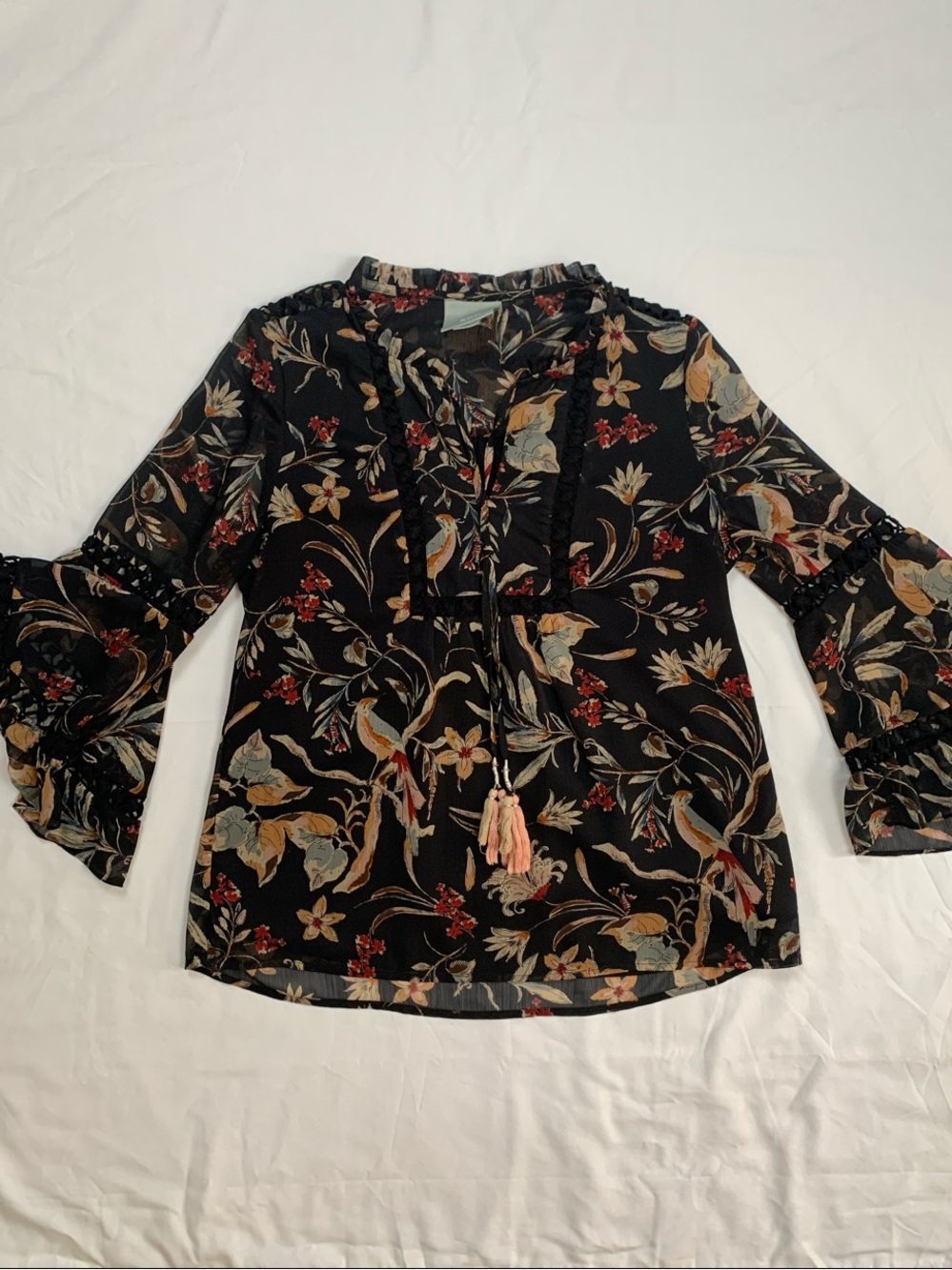 Maeve Black Floral Tassel Bell-Sleeve Blouse Goth S EUC Cosplay